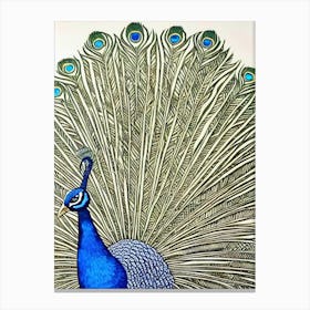 Peacock Linocut Bird Canvas Print