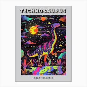 Cute Neon Brachiosaurus At Night Poster Canvas Print
