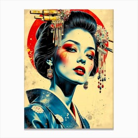 Geisha In Blue Kimono - Gringe Texture Canvas Print