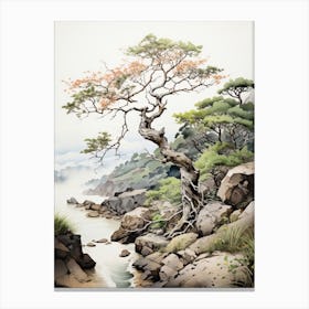 Rikugien Garden In Tokyo, Japanese Brush Painting, Ukiyo E, Minimal 3 Canvas Print
