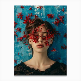 Red Flowers On A Woman'S Face Canvas Print
