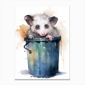 Light Watercolor Painting Of A Possum In Trash Can 4 Canvas Print