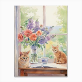 Cat With Lilly Of The Valley Flowers Watercolor Mothers Day Valentines 2 Canvas Print