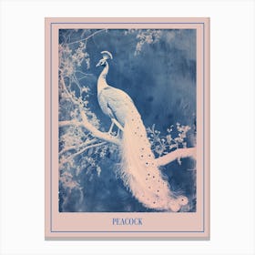 White & Blue Cyanotype Inspired Peacock Poster Canvas Print