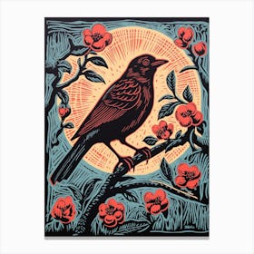 Vintage Bird Linocut Cowbird 5 Canvas Print