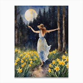 Ostara ~ Maiden in Daffodil Meadow on a Full Moon Pagan Wheel of The Year Fairytale Goddess Painting ~ Lunar Moon Lover Beautiful Lady of the Forest Gathering Herbs for Sacred Smudge Sticks, Spiritual Healing Dreamy Yoga Meditation Abundance Canvas Print