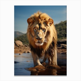 African Lion Drinking From A Stream Realistic 3 Canvas Print