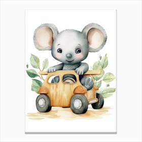 Baby Koala On A Toy Car, Watercolour Nursery 2 Canvas Print