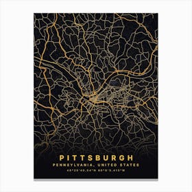 Pittsburgh Pennsylvania Usa Black And Gold Map Canvas Print