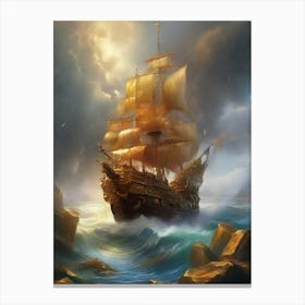 Pirate Ship In Stormy Sea Canvas Print