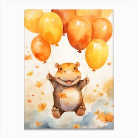 Hippopotamus Flying With Autumn Fall Pumpkins And Balloons Watercolour Nursery 1 Canvas Print
