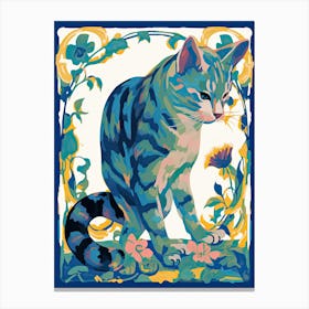 Blue Cat Botanical Art Nouveau Style Canvas Print