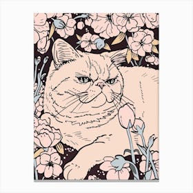 Cute Exotic Shorthair Cat With Flowers Illustration 1 Canvas Print
