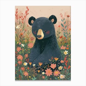 American Black Bear Cub In A Field Of Flowers Storybook Illustration 1 Canvas Print