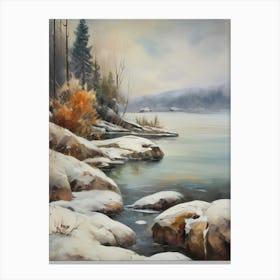 Ancient landscapes, old winter oil paintings and rocks around the lake bank. Snow is falling on the lake, old colors.15 Canvas Print