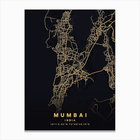 Mumbai India Black And Gold Map Canvas Print