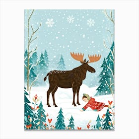 Illustration Of A Serene Scandinavian Winter Forest Moose With Ornamented Antlers Standing In A Sno Canvas Print