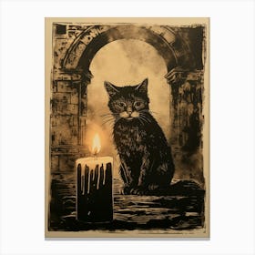 Sepia & Black Cat Under Medieval Archyway With Candle  Canvas Print