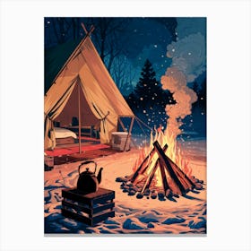 Anime Canvas Art: Cozy Winter Campfire Scene with Glowing Tent and Falling Snow, Perfect for Lofi Aesthetic and Nature Lovers. Canvas Print