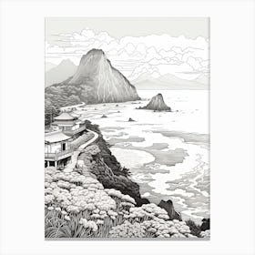 Aogashima Island In Tokyo, Ukiyo E Black And White Line Art Drawing 1 Canvas Print