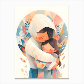 Cozy Mother-Daughter Hug Illustration – Whimsical Floral Home Art Print Canvas Print