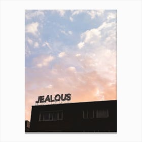 London, England I Jealous word in silhouette against a vibrant pastel pink and blue sunset sky minimalist urban architecture photography and the delicate boho bohemian aesthetic of a summer evening night Canvas Print