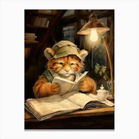 Tiger Illustration Reading Watercolour 1 Canvas Print