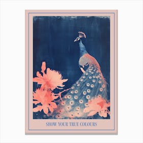 Cyanotype Inspired Peacock In The Leaves 2 Poster Canvas Print