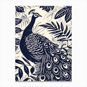 Navy Blue Peacock With Tropical Leaves 1 Canvas Print