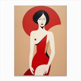 Asian Woman Abstract red and beige Art Canvas Print
