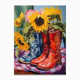 Oil Painting Of Sunflower Flowers And Cowboy Boots, Oil Style 2 Canvas Print