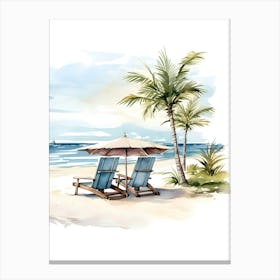 Watercolor Beach Chairs And Umbrella Canvas Print