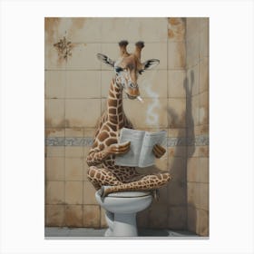 Giraffe Reading in Bathroom Canvas Print