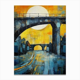 Blue Bridge with Sun V, Modern Vibrant Colorful Painting in Oil Style Canvas Print