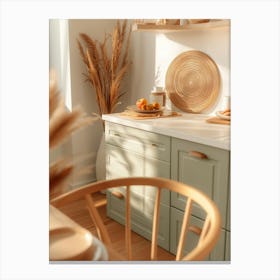 Green Kitchen With A Wooden Table Canvas Print