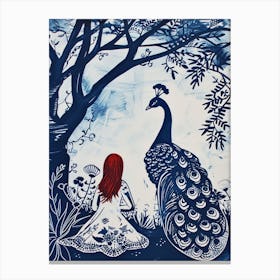 Woman With Red Hair & Peacock Linocut Inspired Canvas Print