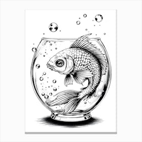 A Vintage Style Illustration Of A Fish Swimming Gracefully In A Bowl, Surrounded By Bubbles Canvas Print