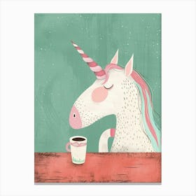 Pastel Storybook Style Unicorn Drinking Coffee In A Cafe 1 Canvas Print