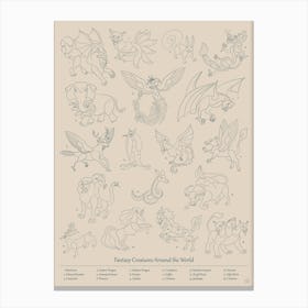 Fantasy Creatures Around The World Line Drawing Canvas Print