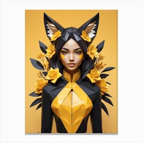 Low Poly Floral Fox Girl, Black And Yellow (8) Canvas Print