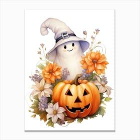 Cute Ghost With Pumpkins Halloween Watercolour 134 Canvas Print