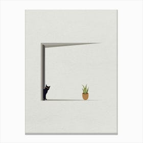 Minimal art of a cat peeking beside a door Canvas Print