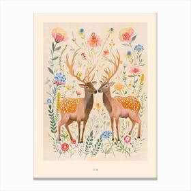 Folksy Floral Animal Drawing Elk 2 Poster Canvas Print