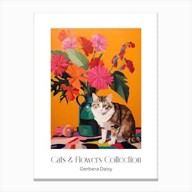 Cats & Flowers Collection Gerbera Daisy Flower Vase And A Cat, A Painting In The Style Of Matisse 0 Canvas Print