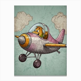 Cartoon Teddy Bear Flying Airplane Canvas Print