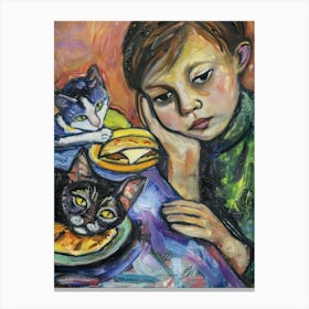 Portrait Of A Boy With Cats Having Dinner 1 Canvas Print