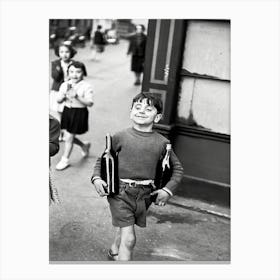Boy With Bottle of Wine in Paris, Black and White Vintage Photo Canvas Print