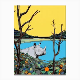 Simple Rhino Illustration By The River 2 Canvas Print