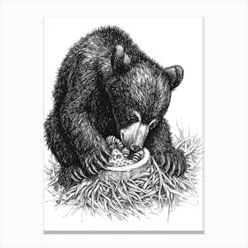Malayan Sun Bear Cub Playing With A Beehive Ink Illustration 2 Canvas Print