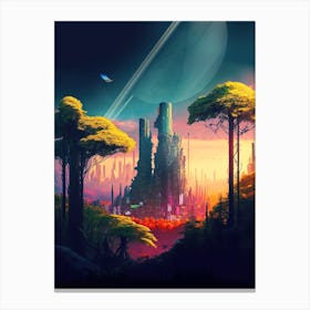 Neon cyberpunk city in a forest in orbit around Saturn — surreal space collage art, cosmic futuristic sci-fi collage Canvas Print